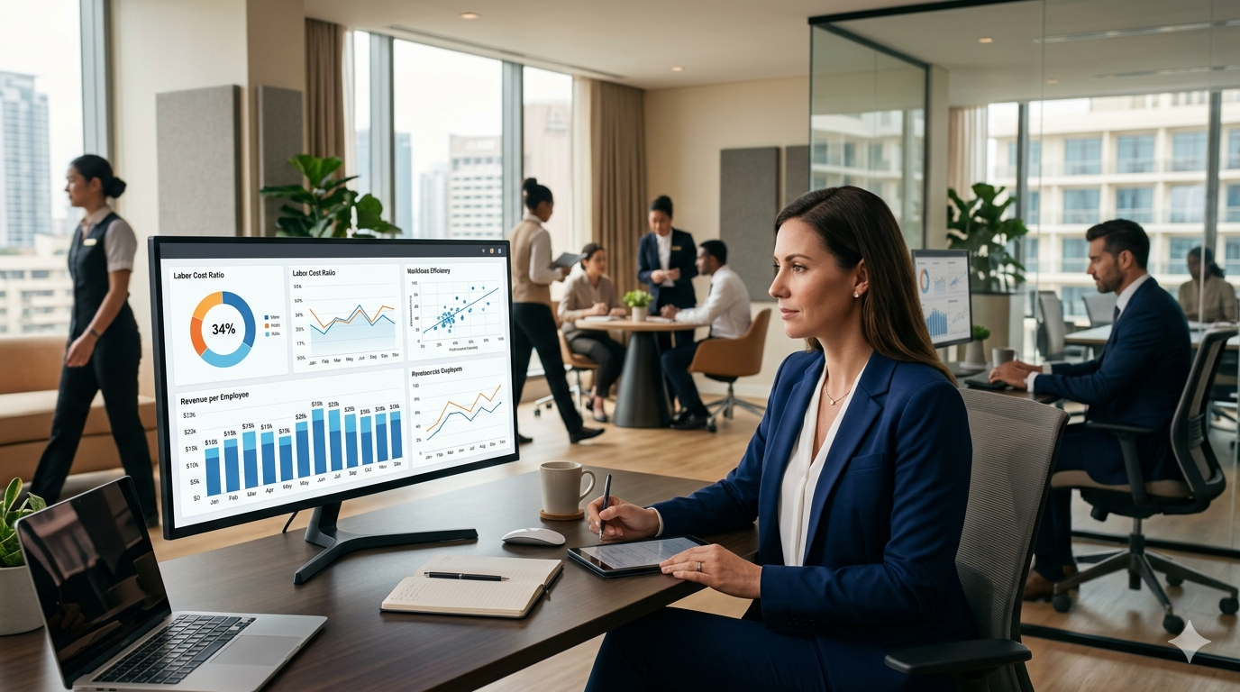HR Data σε ξενοδοχείο με dashboard αποδοτικότητας προσωπικού και labor cost analysis