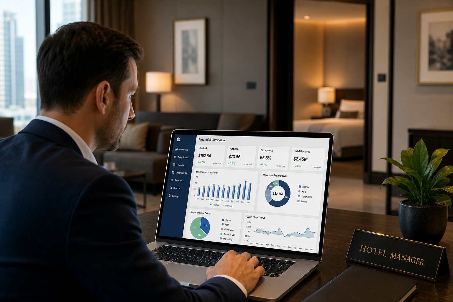 Reporting κερδοφορίας ξενοδοχείου με οικονομικά dashboards, RevPAR, GOPPAR και cash flow